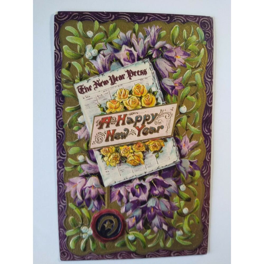 New Years Postcard Purple Green Floral Newspaper Series 2166 Stockton CA 1911
